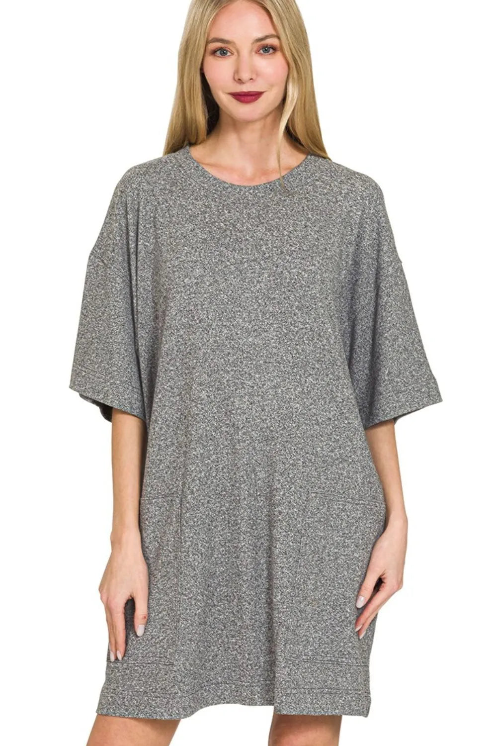 Zenana Soft Melange Hacci T-shirts Dress BLACK