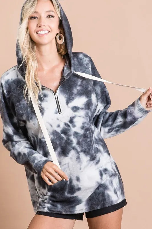 BiBi Tie Dye Brushed Terry Hoodie with Zip Up Closure IVORY BLACK