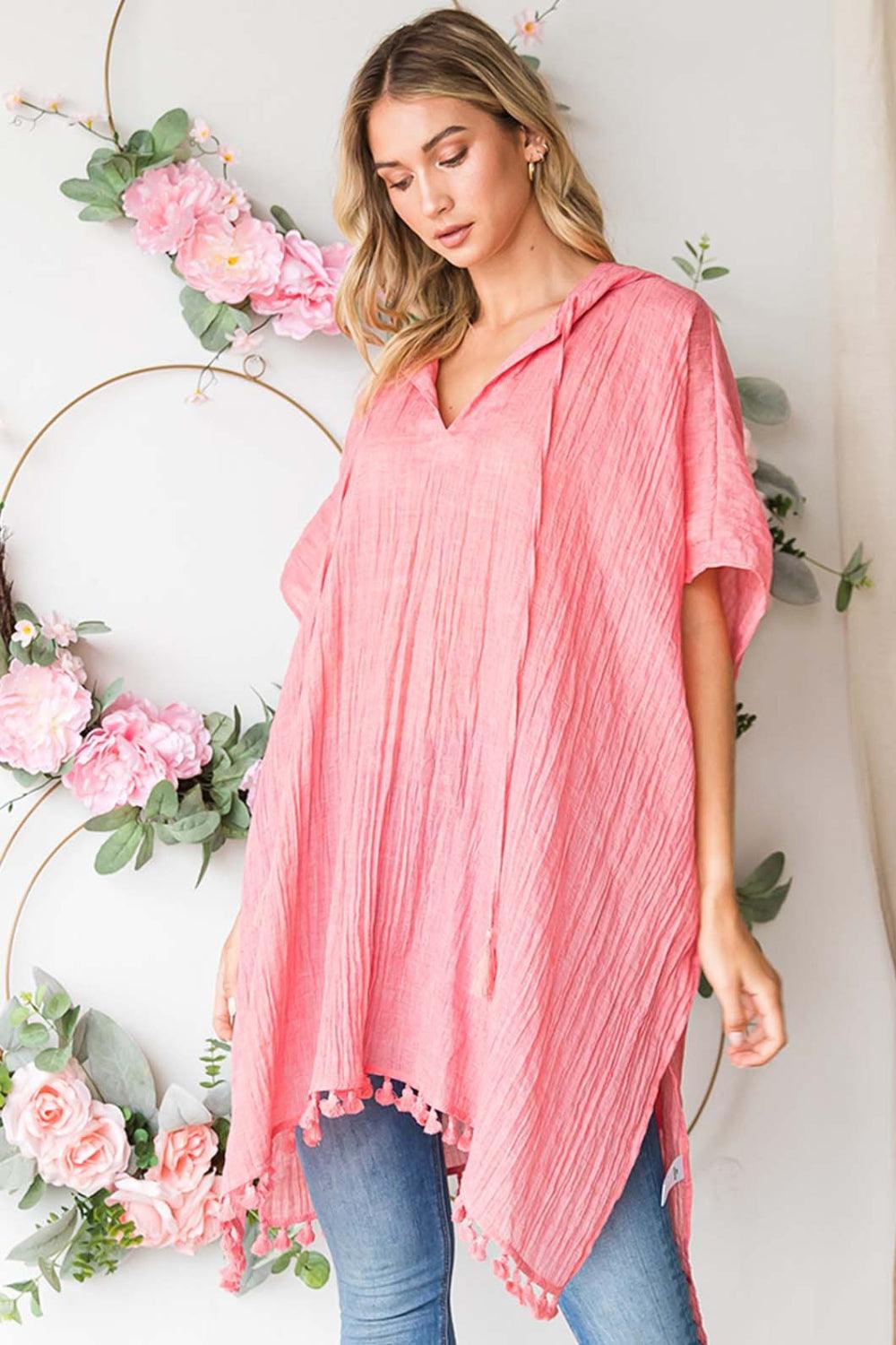 Cotton Bleu by Nu Label Tassel Hem Hooded Cover Up Light Coral