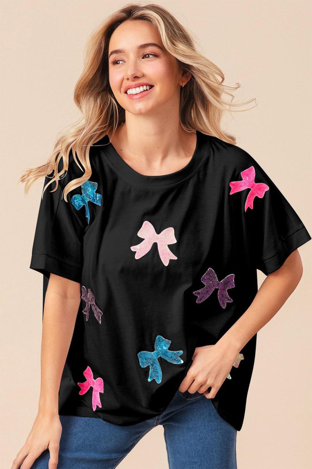 BiBi Sequin Bow Patch Short Sleeve T-Shirt Black