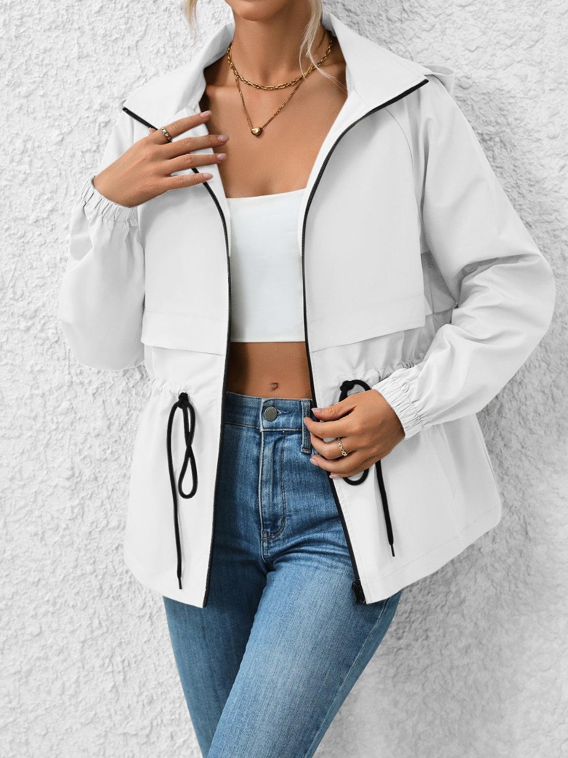 Ivy Lane Drawstring Zip Up Hooded Jacket White