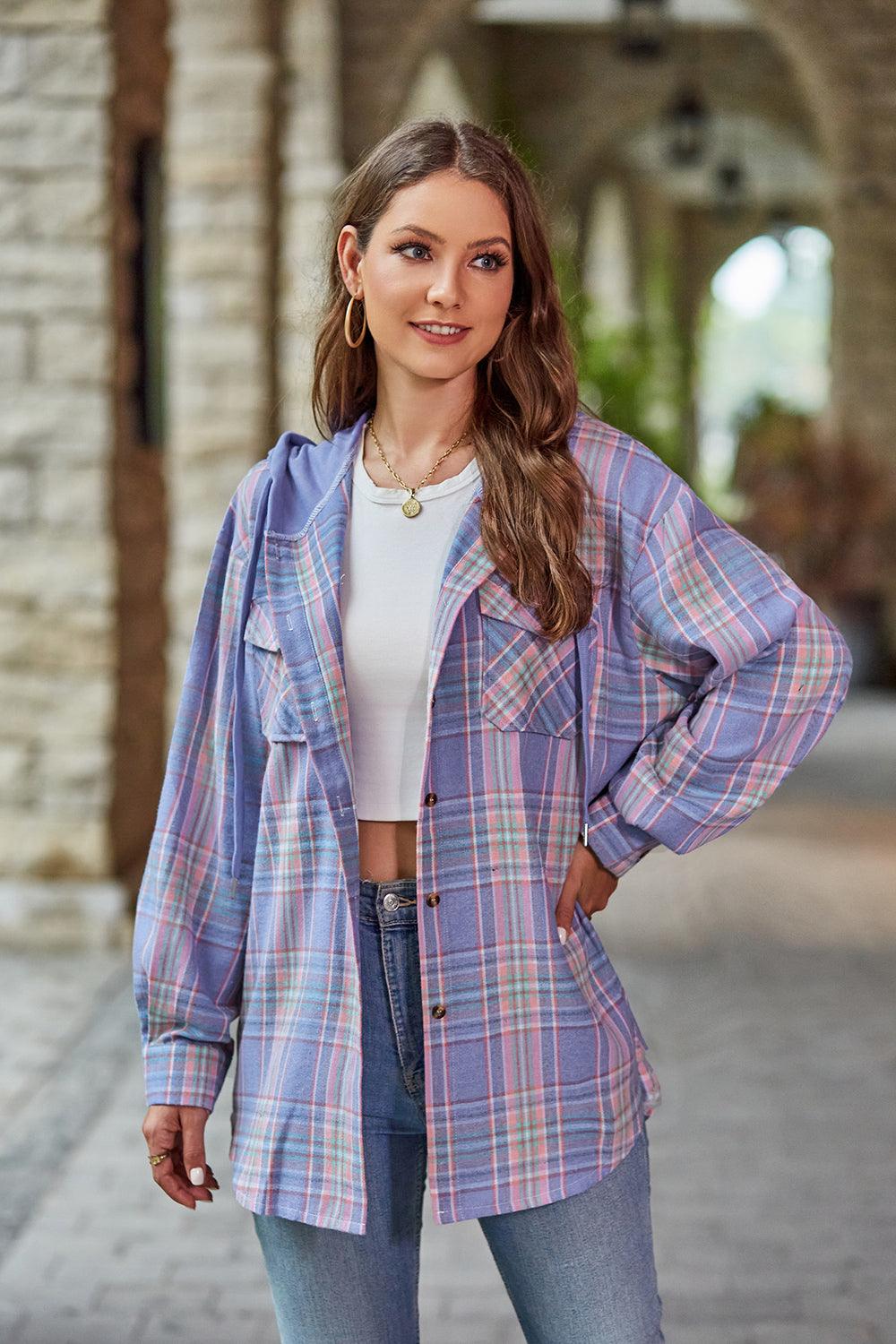Mandy Plaid Long Sleeve Hooded Jacket Lavender