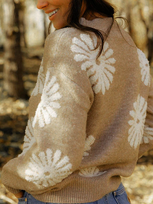 Flower Long Sleeve Sweater with Round Neck Design