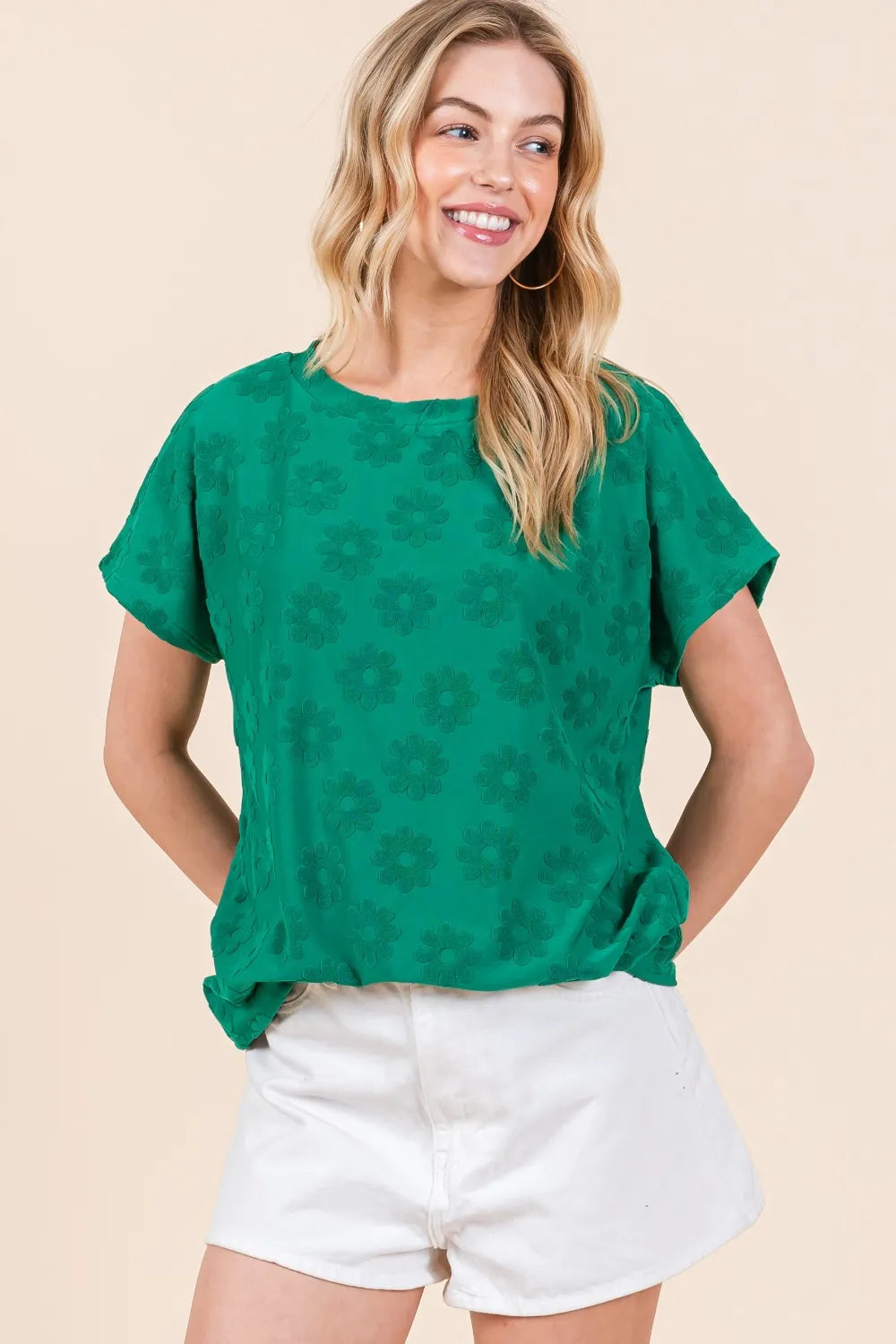BOMBOM Textured Floral Pattern Short Sleeve T-Shirt Green