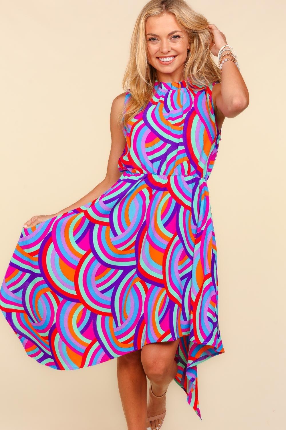 Haptics Full Size Mock Neck Sleeveless Printed Dress Blue Orange Lilac