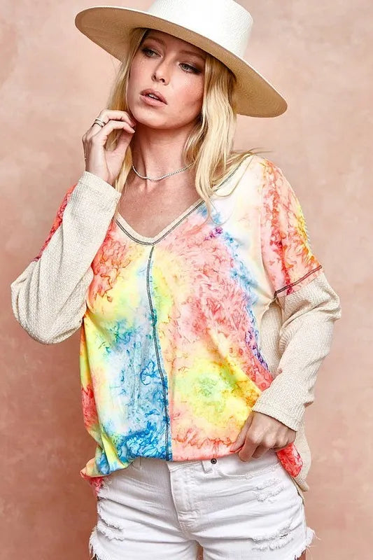 BiBi Print Block V Neck Top with Contrast Stitching
