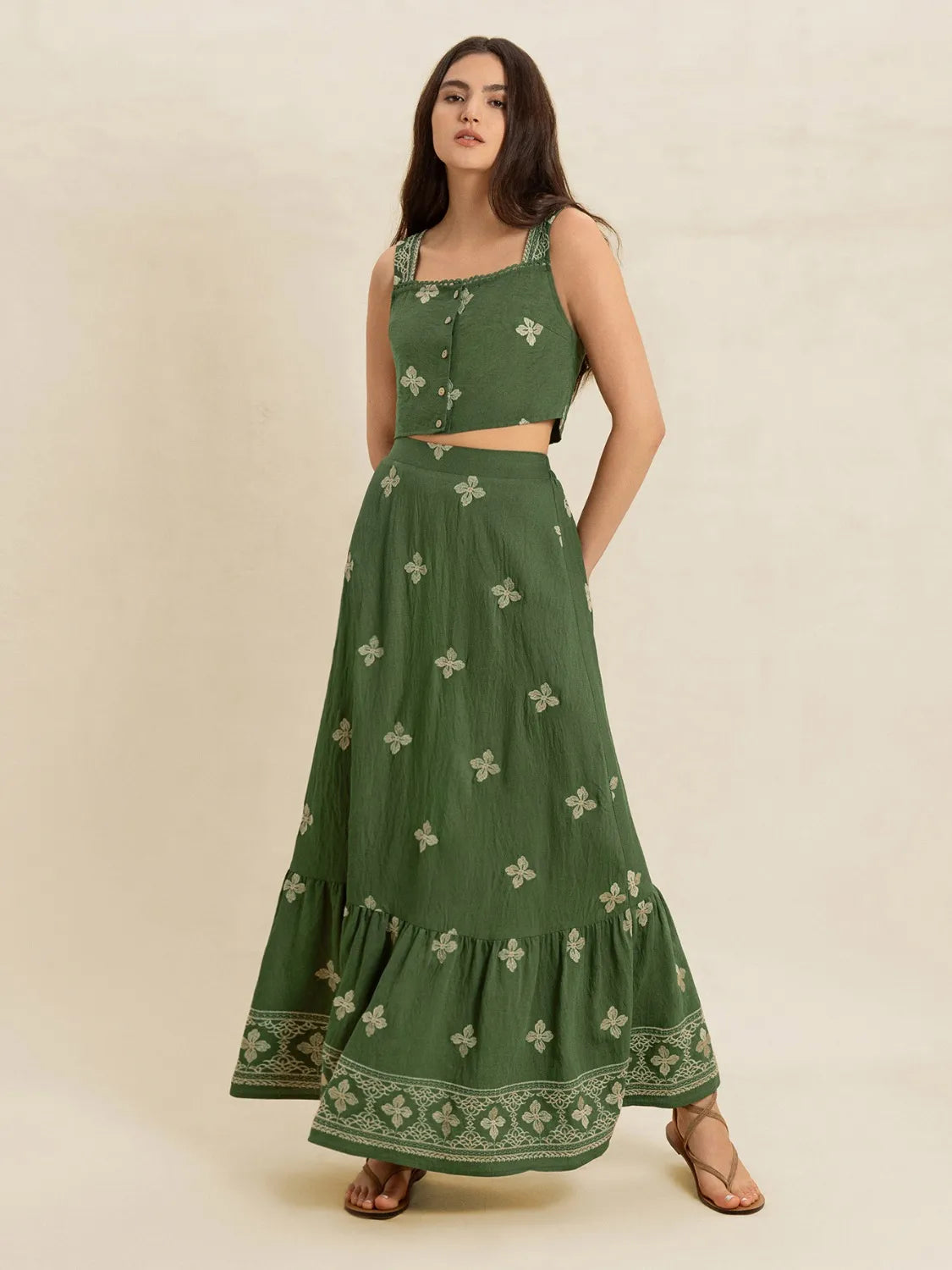 Embroidered Square Neck Cami and Skirt Set
