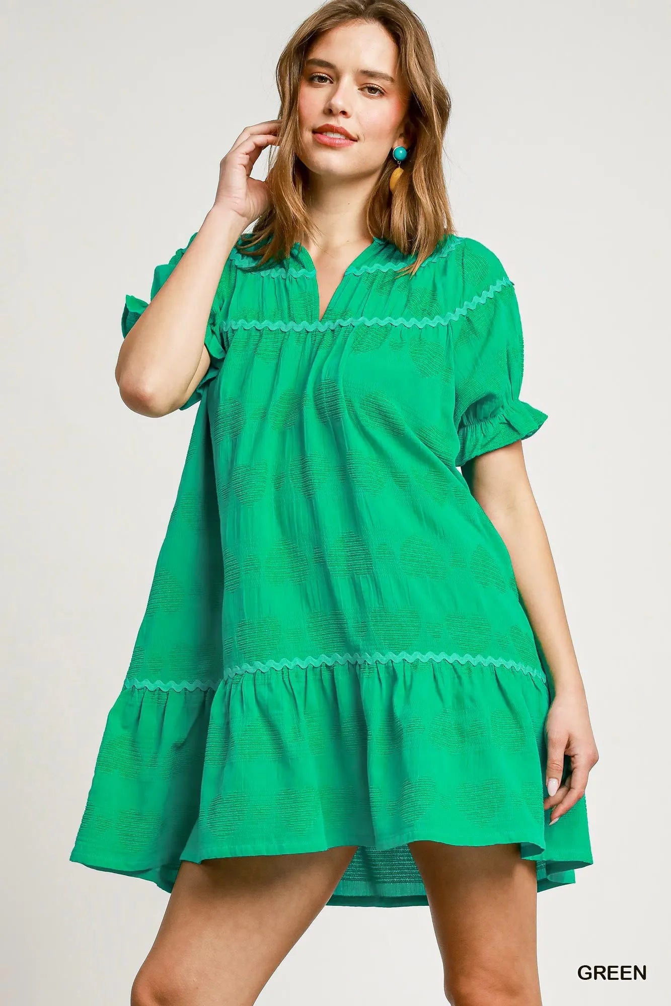 Umgee Heart Pattern Short Sleeve Ruffle Babydoll Dress Green
