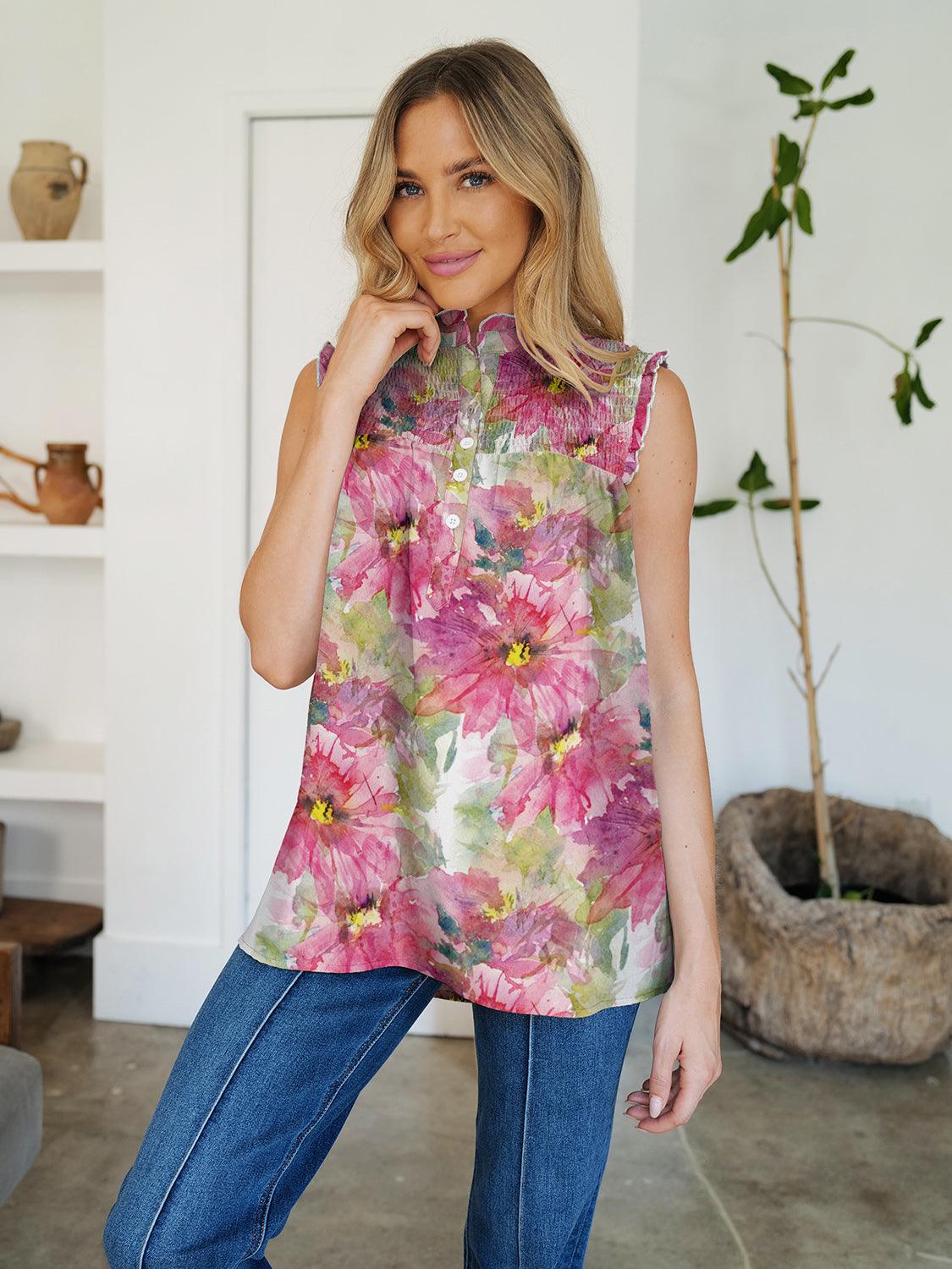 FAM-FAM Frill Printed Mock Neck Top Deep Rose