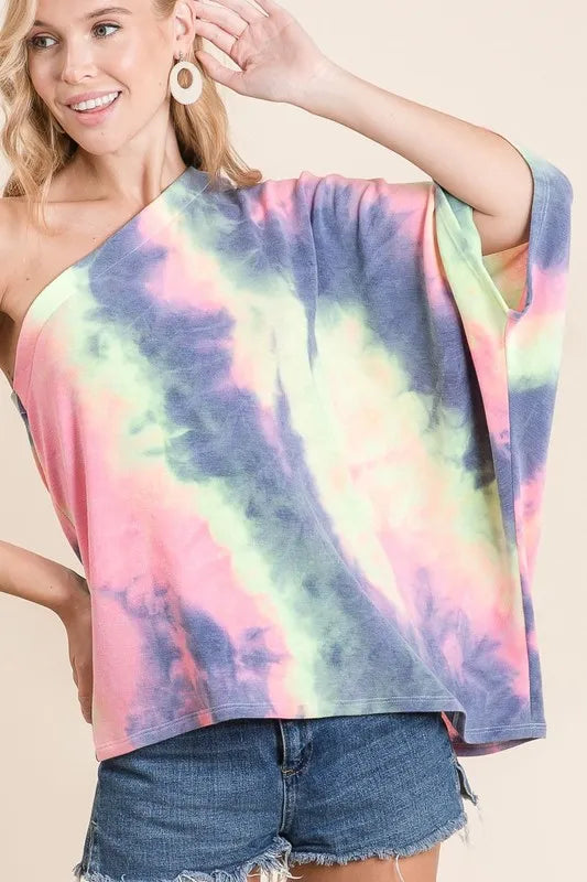 BiBi Tie Dye French Terry One Shoulder Top with Dolman