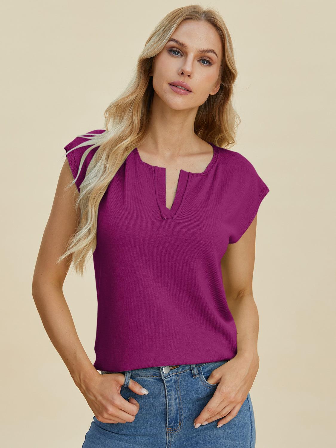 Double Take Full Size Notched Cap Sleeve Knit Top Deep Purple