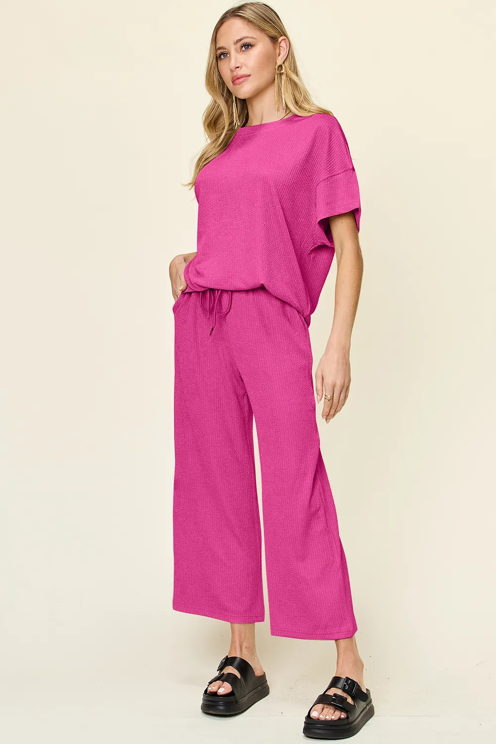Double Take Full Size Texture Round Neck Short Sleeve T-Shirt and Wide Leg Pants Hot Pink