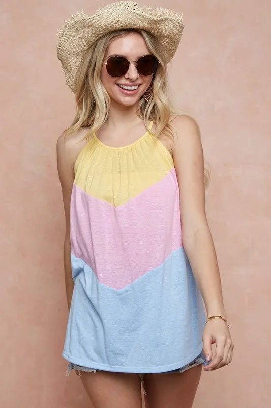 BiBi Triblend Knit Color Block Halter Neck Top