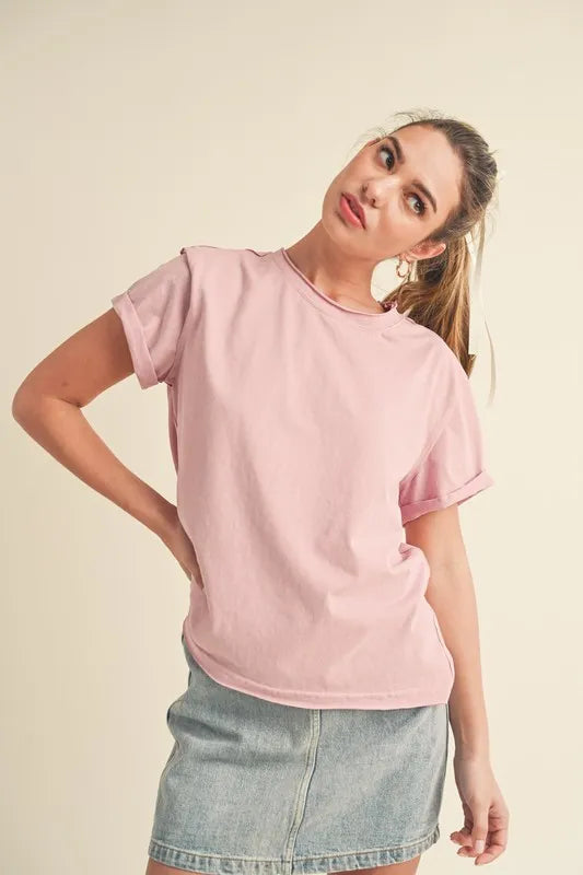 Aemi + Co Exposed Seam Round Neck Short Sleeve T-Shirt Pale Blush