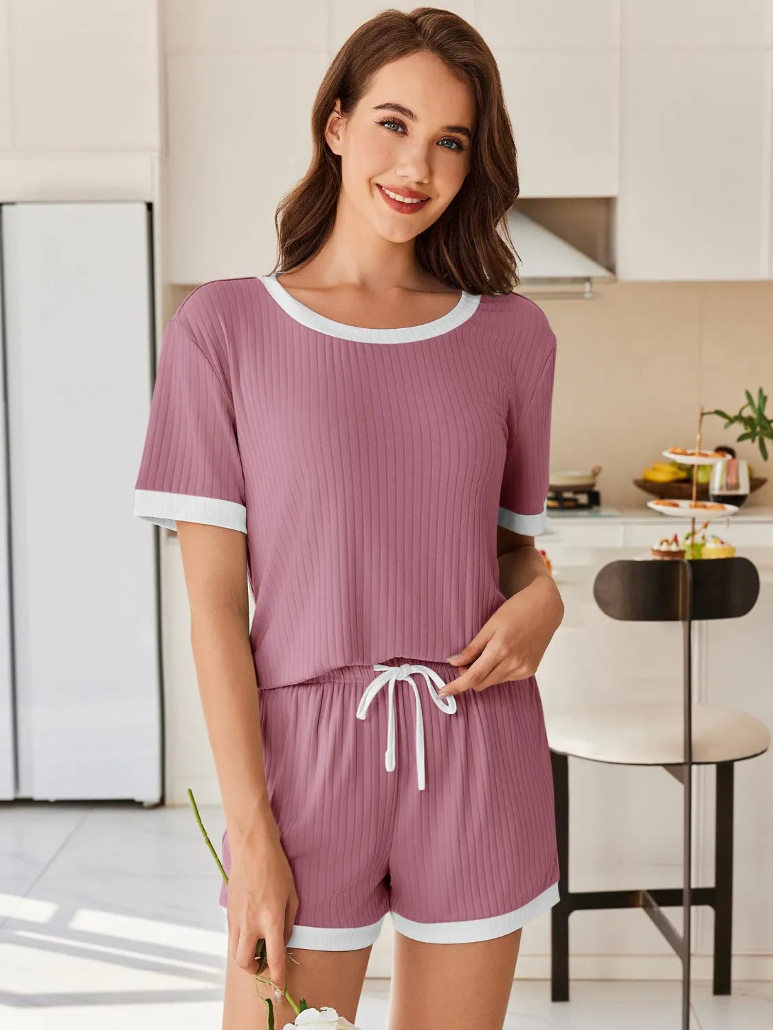 Ribbed Short Sleeve Top and Shorts Set Dusty Pink