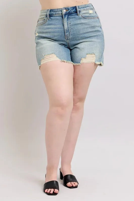 Judy Blue Full Size High Rise Washed Fly Stitch Detail and Destroy Denim Shorts Plus Size
