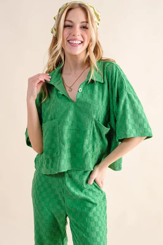 And The Why Brushed Texture Checker Board Pattern Casual Top GREEN