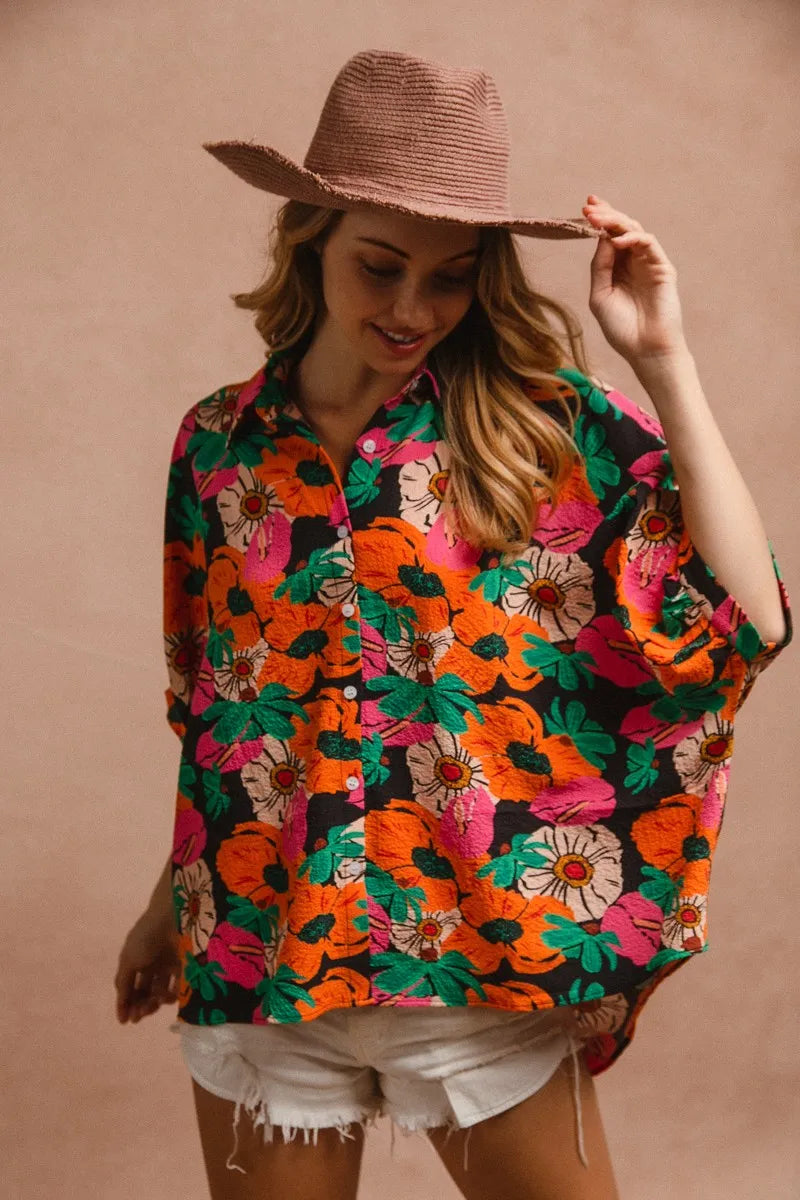 BiBi Floral Print Soft Crinkle Short Dolman Sleeves Blouse