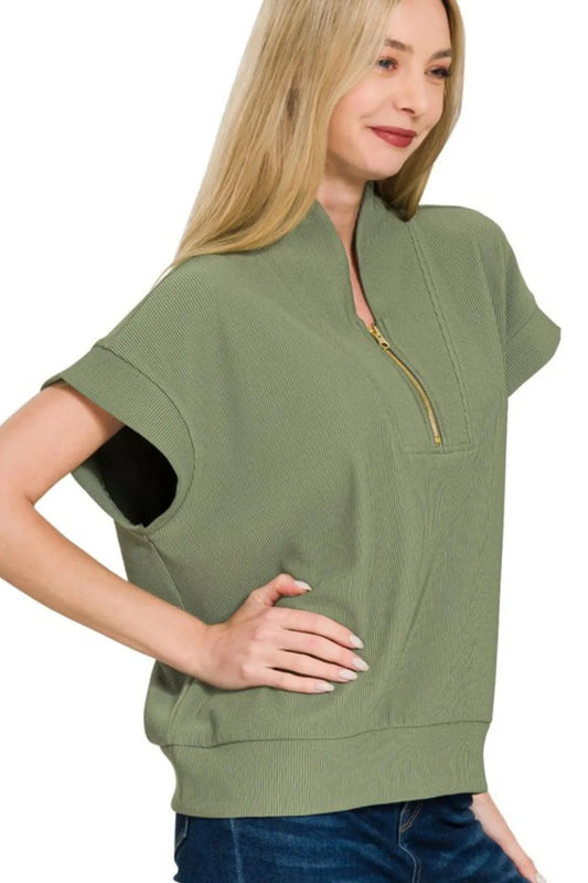 Zenana Ribbed High Neck Half Zip Top