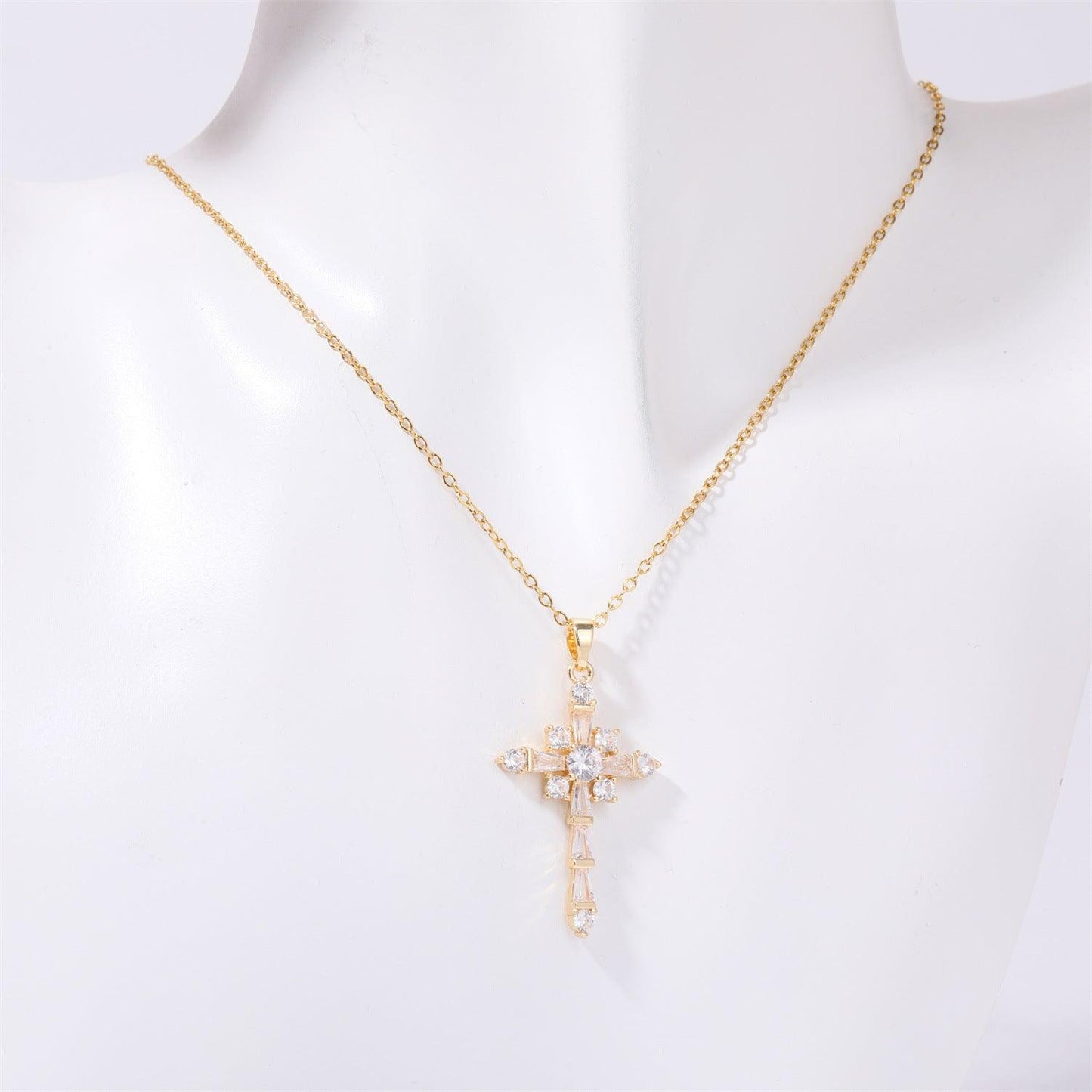 Stainless Steel Inlaid Zircon Cross Necklace Style E One Size