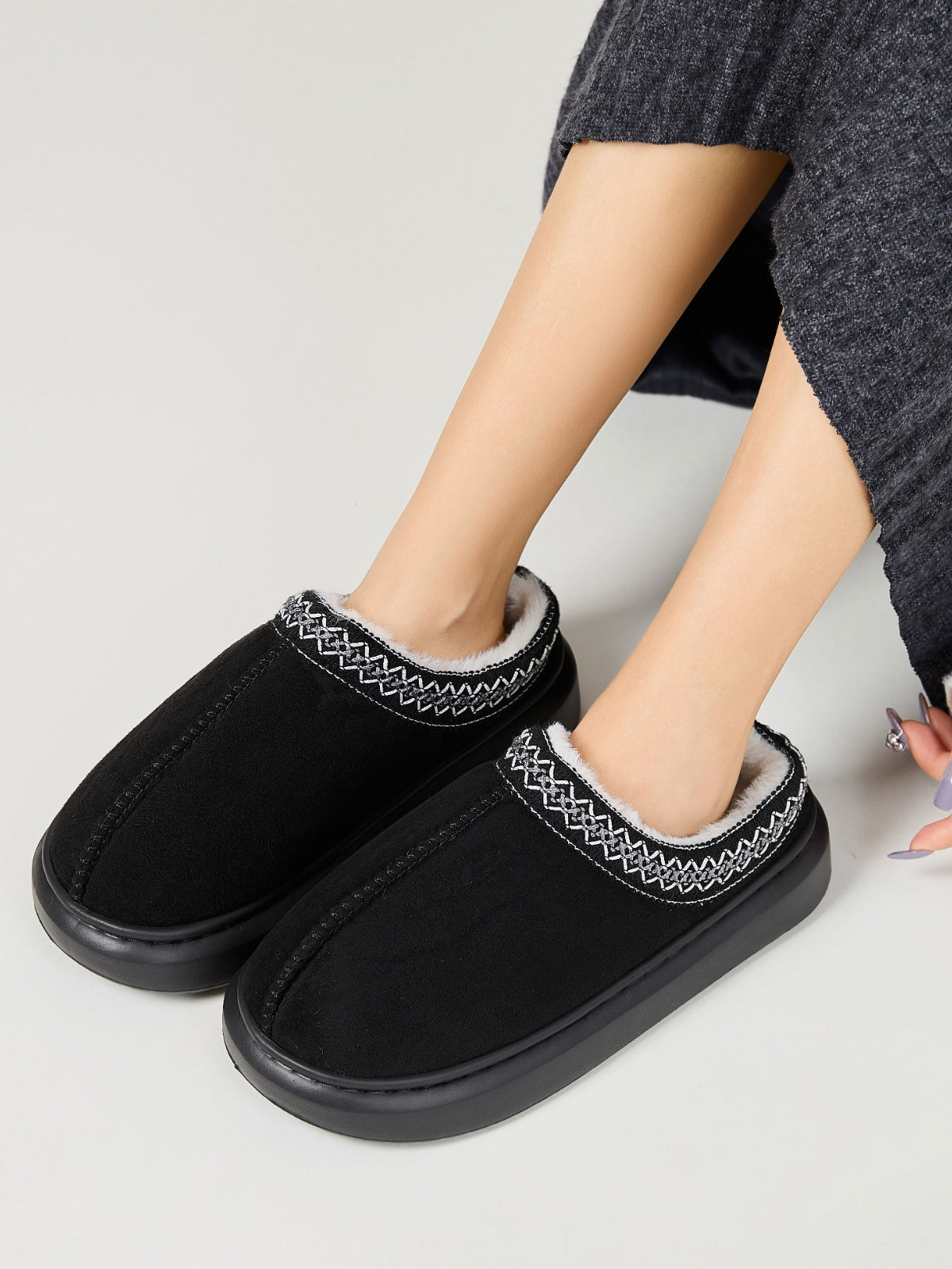 Faux Fur Suede Platform Slippers Black