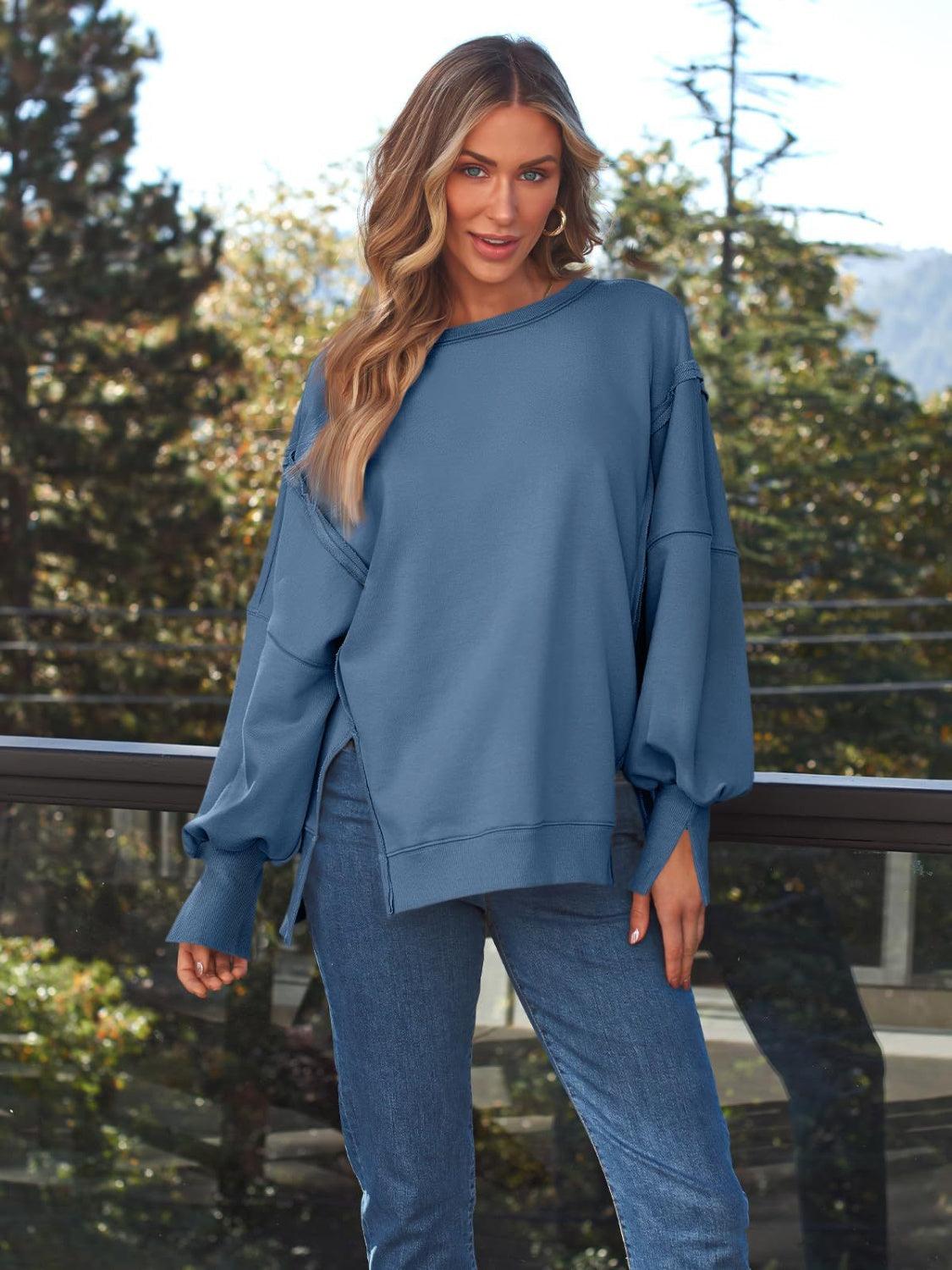 Slit Round Neck Long Sleeve Sweatshirt Dusty Blue