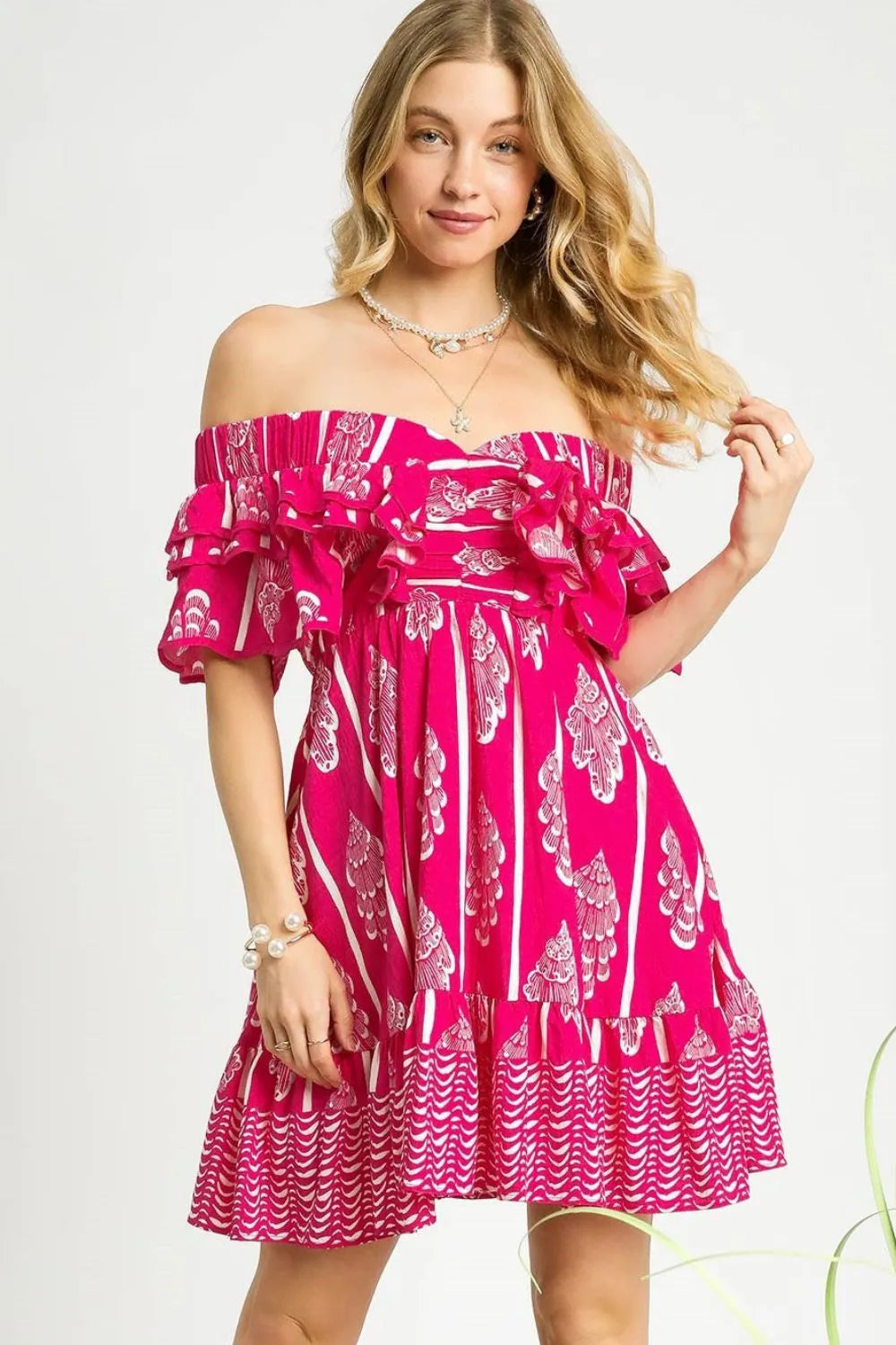 Umgee Off-Shoulder Paisley Print Ruffled Mini Dress
