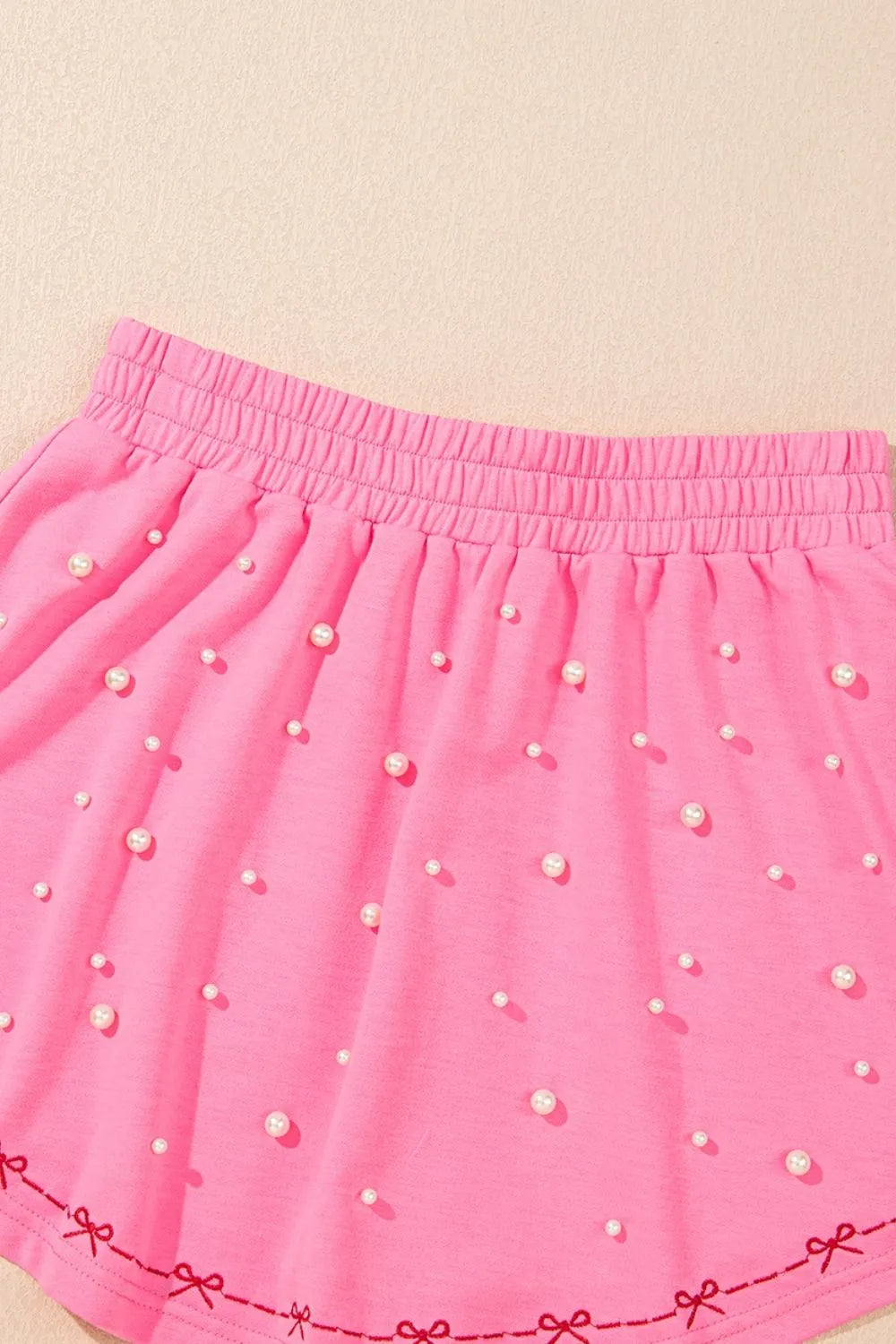 Contrast Bow Trim Pearl Puff Sleeve Blouse and Skort 2pcs Set