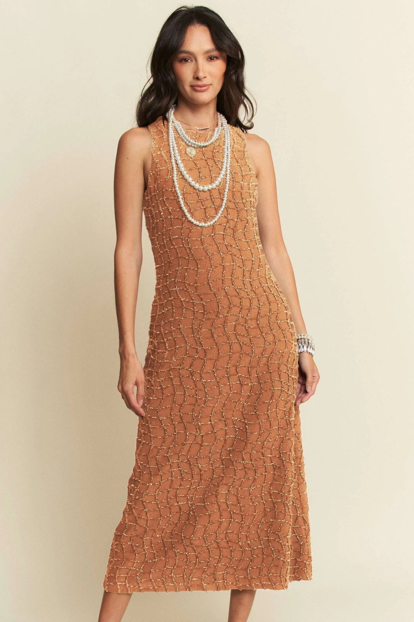 Davi & Dani Golden Textured Zippered Midi Dress BROWN
