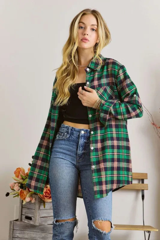 ADORA Full Size Button Down Classic Plaid Shirt W Roll Up Sleeve Plus Size GREEN