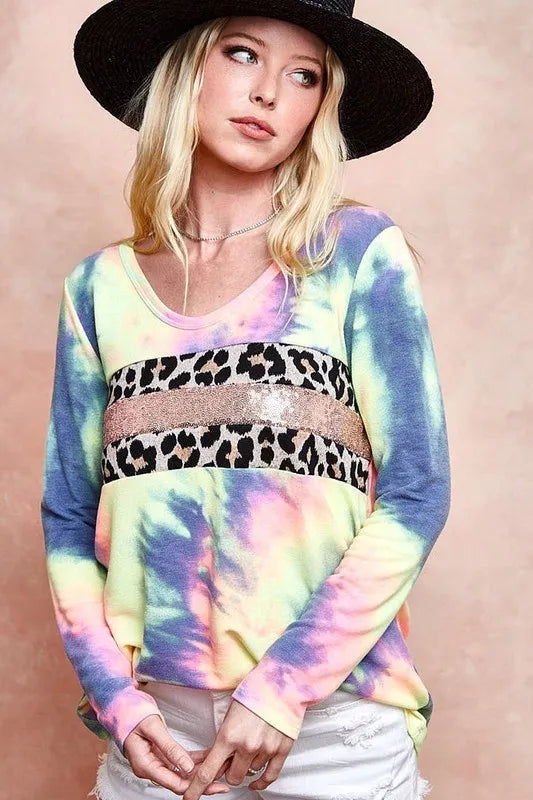 BiBi Tie Dye Deep U-neck Top with Leopard and Sequins