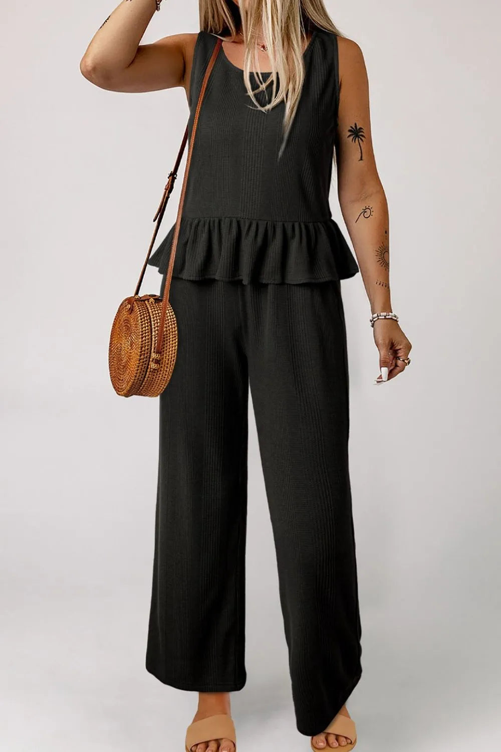 Color Ribbed Ruffle Tank Top and Pants Set Black