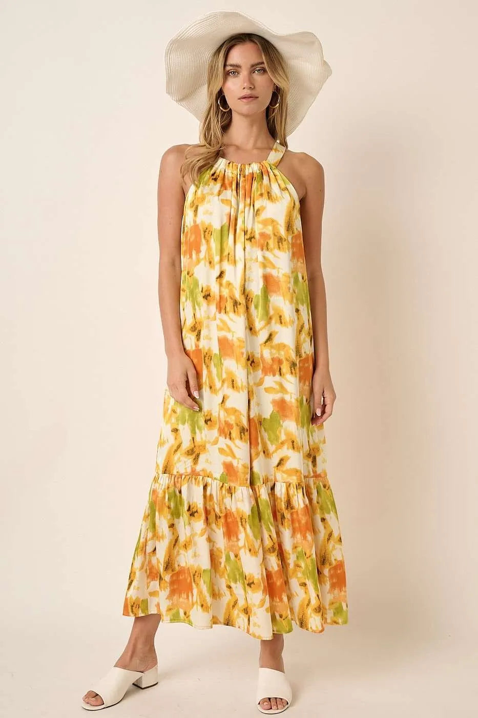 Mittoshop Watercolor Print Halter Neck Satin Maxi Dress ORANGE