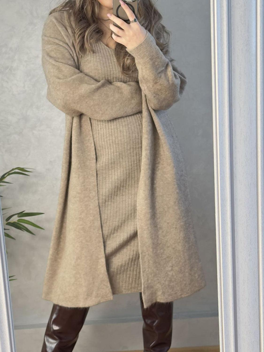 V-Neck Cami Dress and Open Front Cardigan Sweater Set Khaki One Size