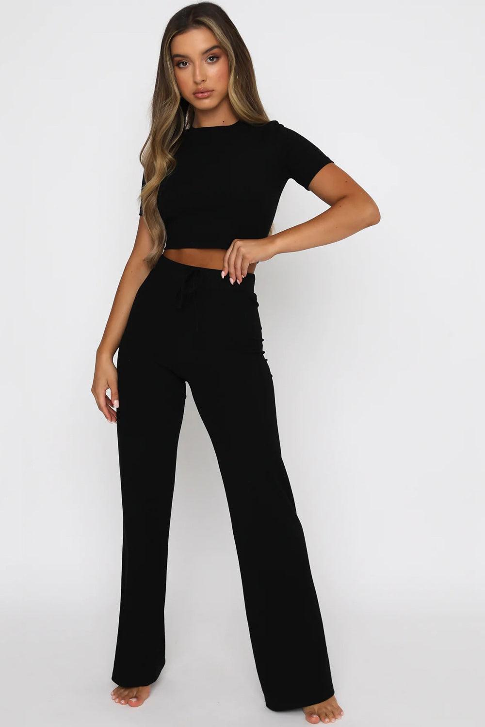 Round Neck Short Sleeve Top and Pants Set Black