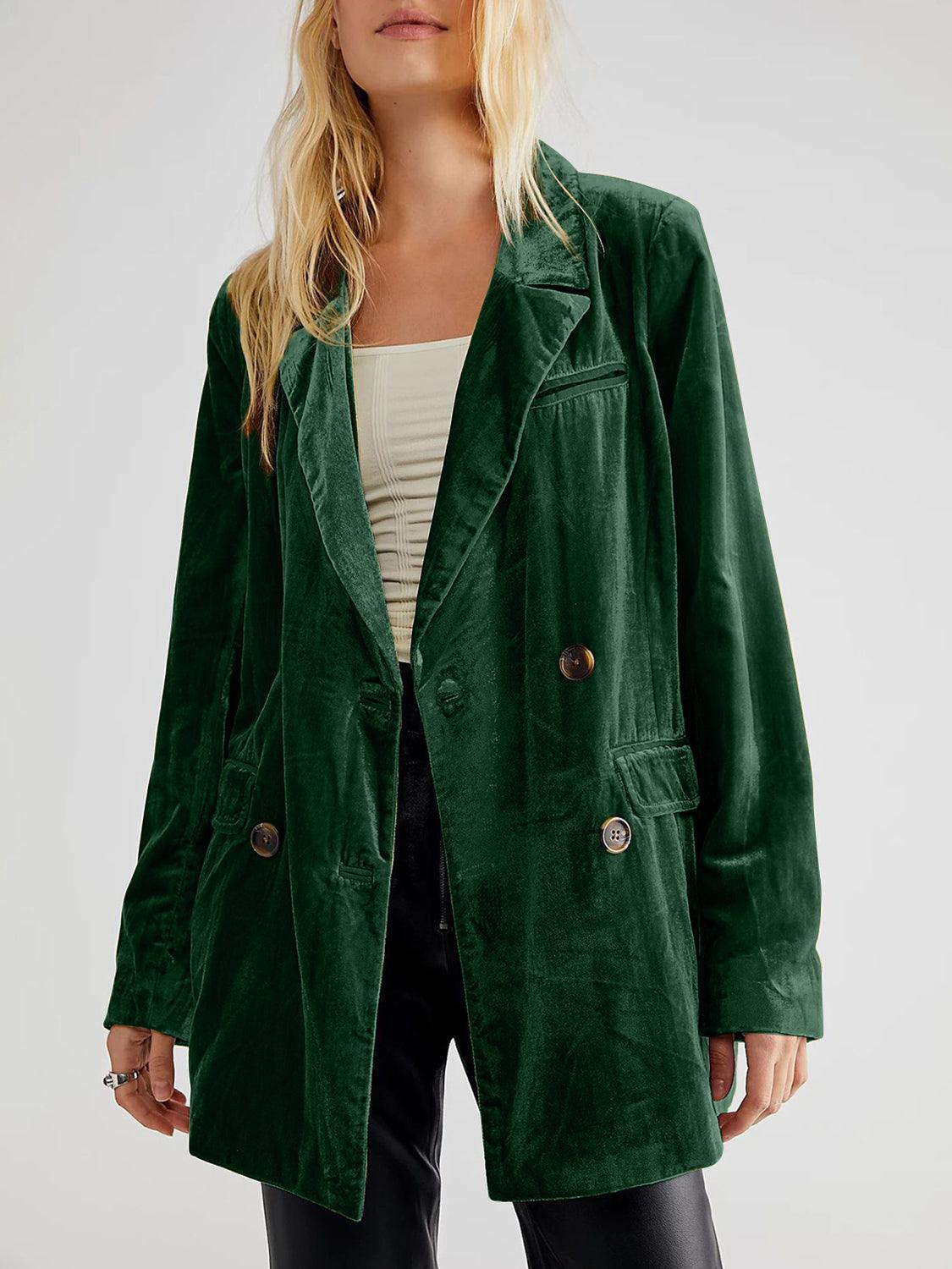 Lapel Collar Long Sleeve Blazer with Pockets Dark Green