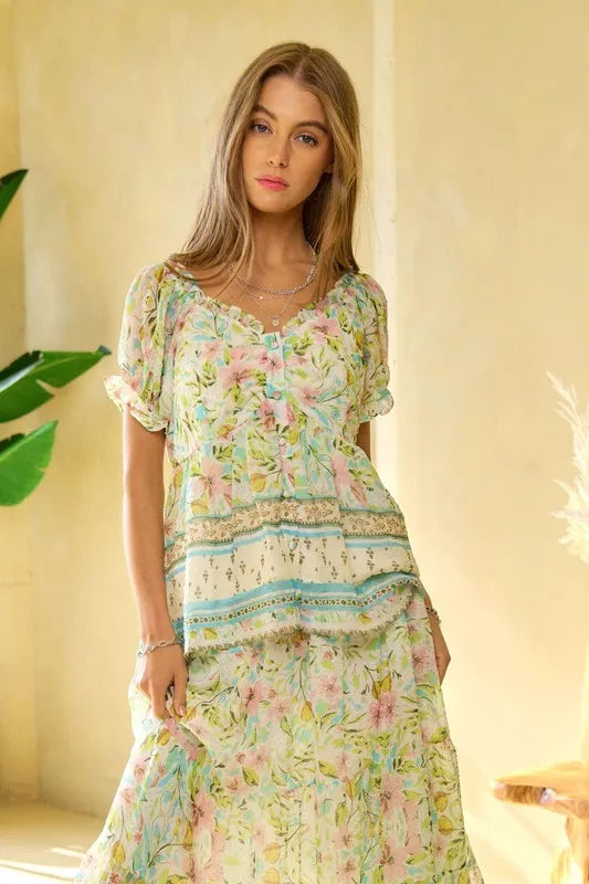 Davi & Dani Spring Floral Border Print Ruffled Textured Top