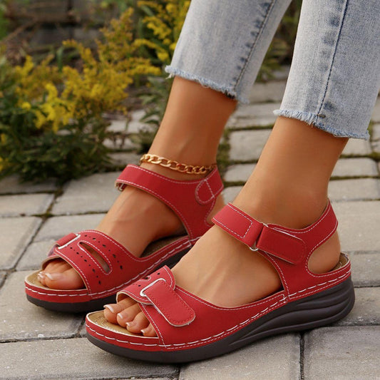 PU Leather Wedge Buckle Sandals Red