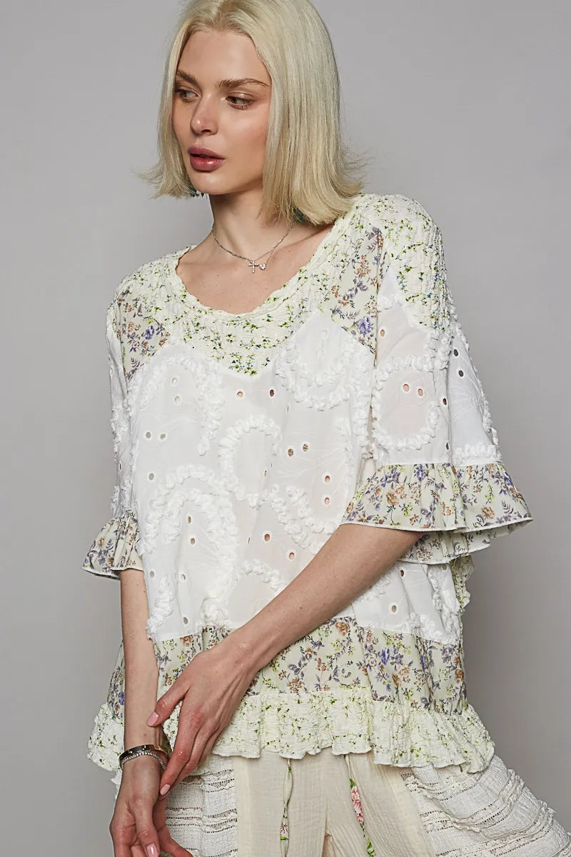 POL Floral Print Eyelet Ruffled Hem Blouse