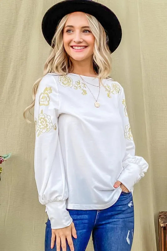 And The Why Flower Gold Embroidery Shoulder Detailed Top