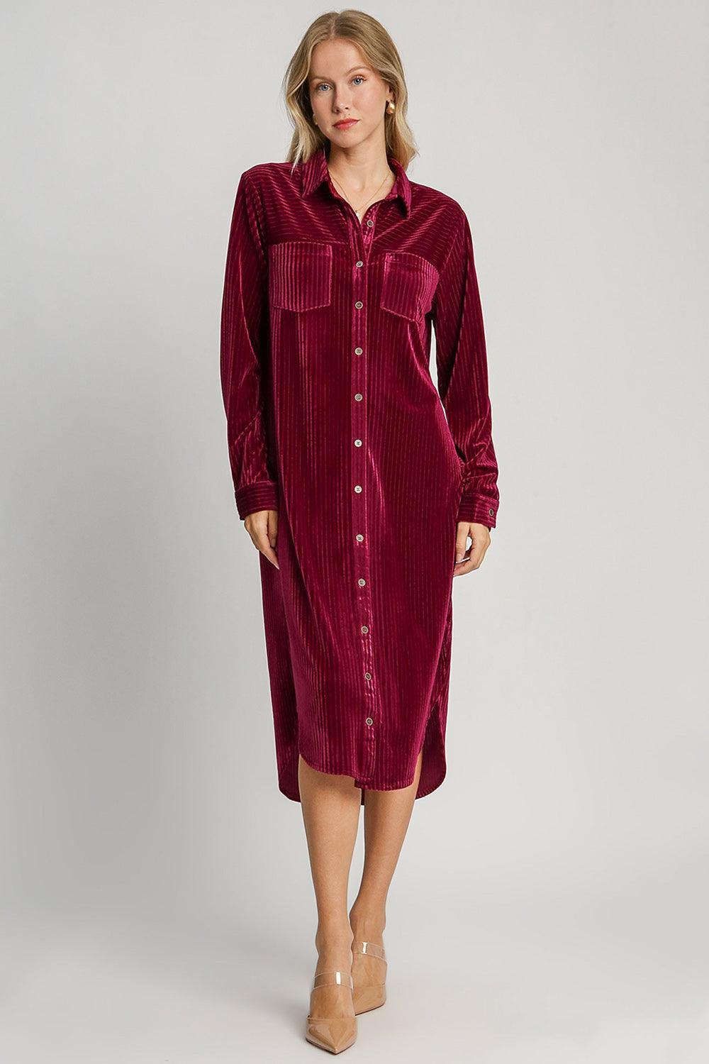 Umgee Texture Curved Hem Button Down Shirt Dress Burgundy