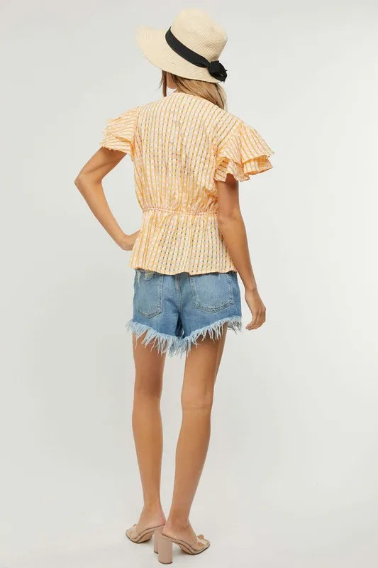 Davi & Dani Shirring V-Neck Ruffle Gingham Plaid Printed Top