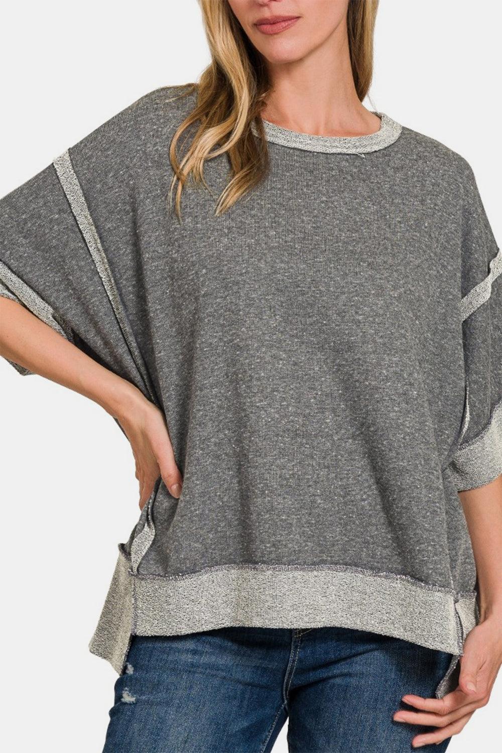 Zenana Contrast Trim Drop Shoulder T-Shirt Black