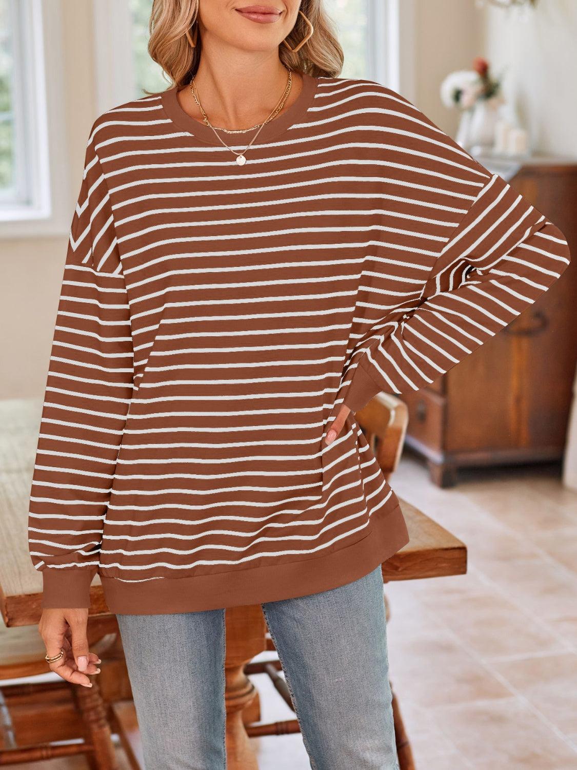 Lovelet Striped Round Neck Long Sleeve Sweatshirt Brown