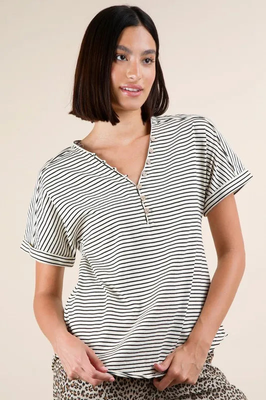 VERY J Striped V-Neck Short Sleeve T-Shirt