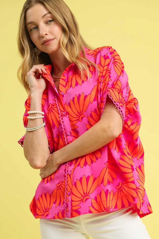 Umgee Printed Button-Up Relaxed Shirt Hot Pink