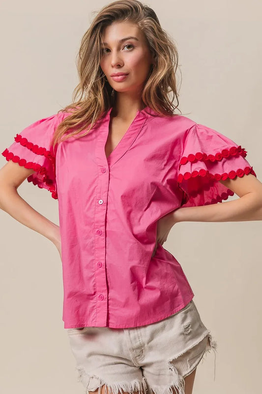 BiBi Dot Trim Flutter Sleeve Notched Top FUCHSIA RED