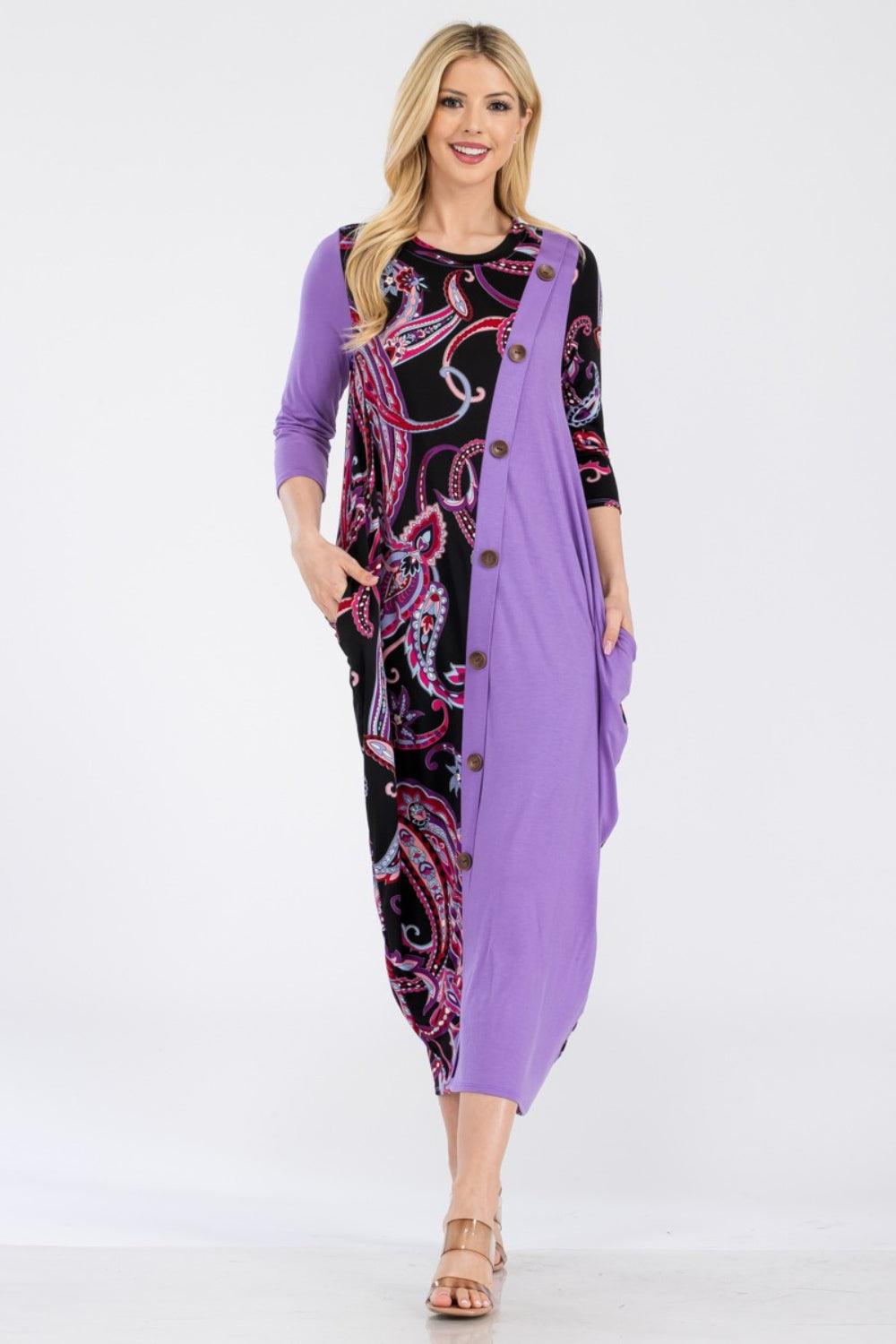 Celeste Full Size Paisley Contrast Midi Dress with Pockets Lilac