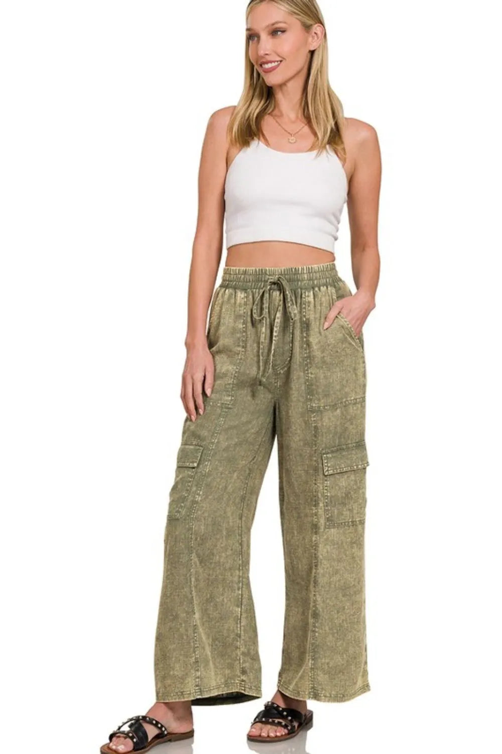 Zenana Washed Linen Elastic Band Waist Cargo Pants