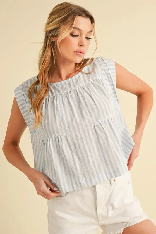 Aemi+Co Ruched Striped Round Neck Sleeveless Top